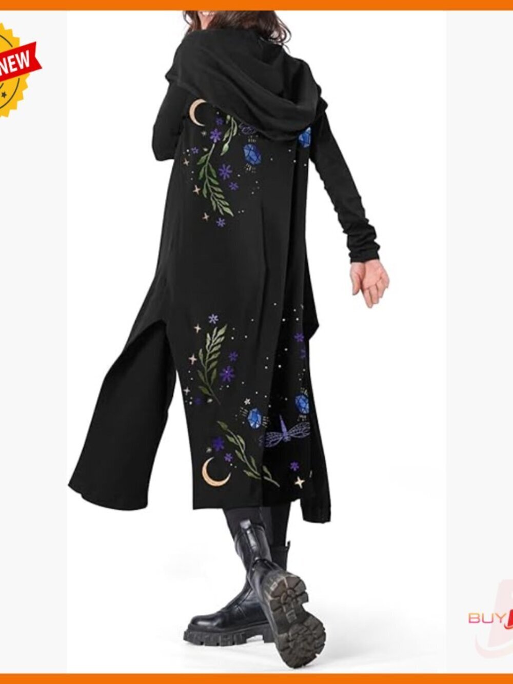 Long Hooded Cardigan Sweater with Embroidered Details, Open Front, Side Pockets